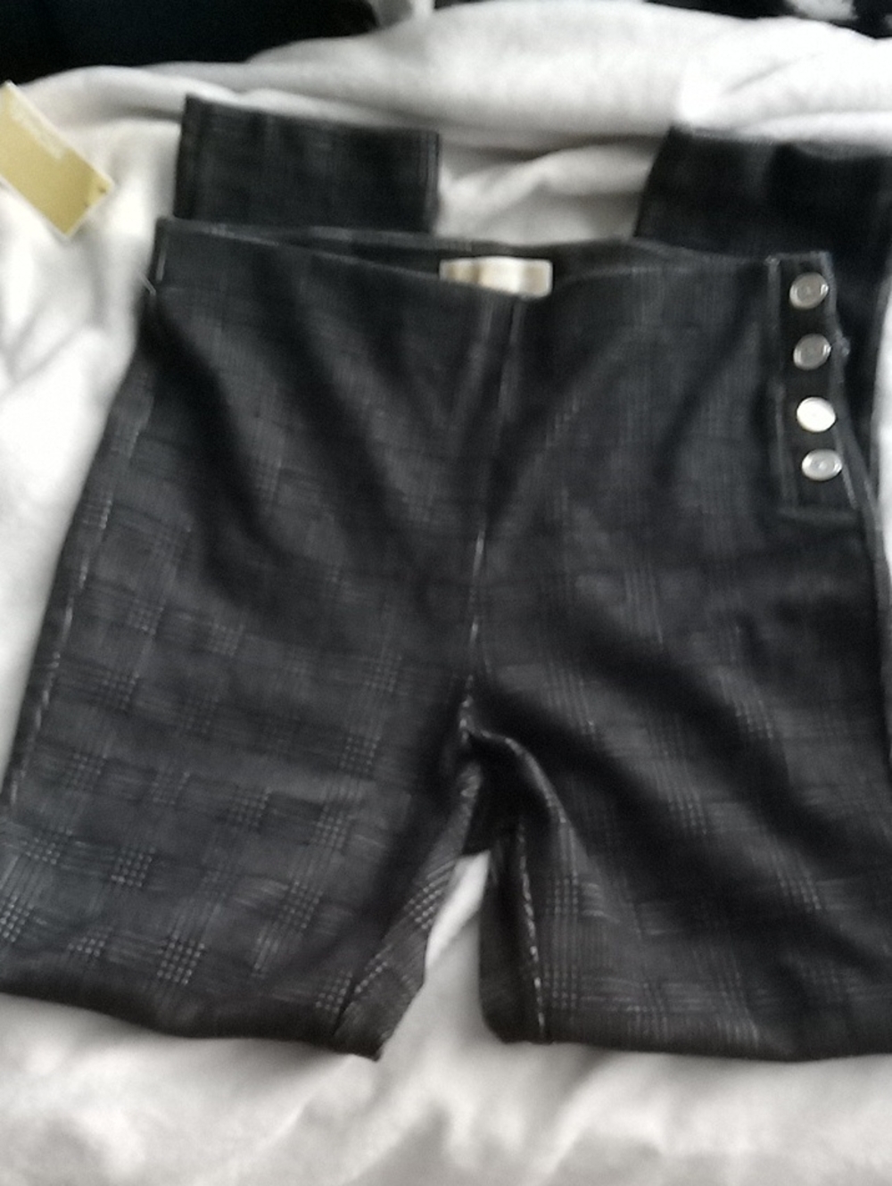 Michael Kors Black Plaid High-Waist Pants with Side Buttons